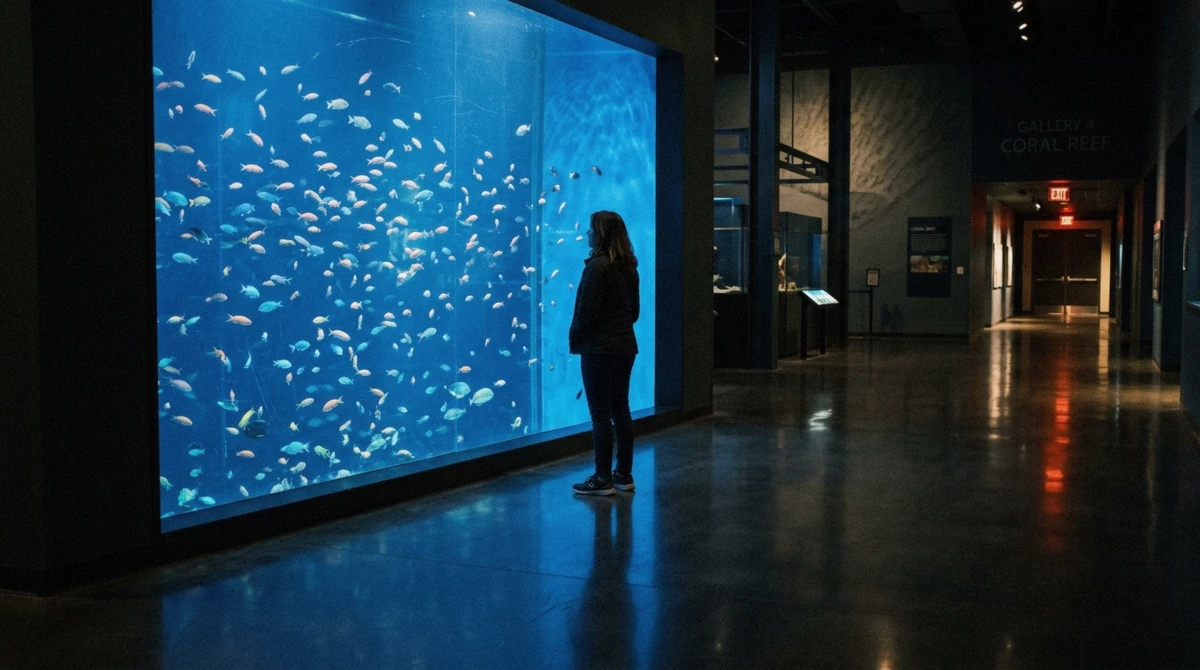 Quiet aquarium gallery lit blue in the evening, the calm window inside COEX Aquarium opening hours in Seoul